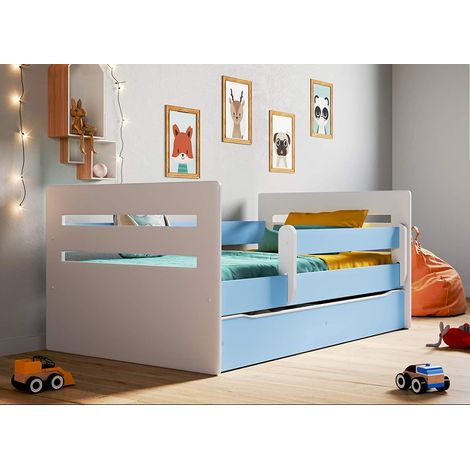 Lit enfant avec barrière de sécurité amovible blanc et bleu Moly-Couchage 80x140 cm (1/5)