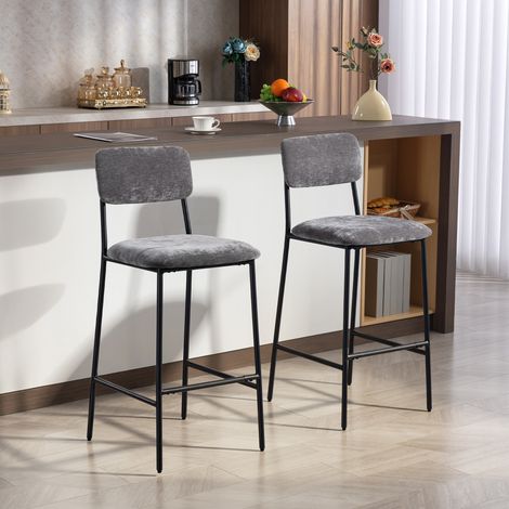 Set di 2 sgabelli da bar, sgabelli alti imbottiti per bancone cucina, bar di casa, schienale, poggiapiedi, rivestimento in tessuto, acciaio, grigio