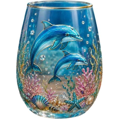 Verre à vin sans pied imprimé 3D bordure dorée motif animal verre à whisky cristal transparent décoratif cocktails cafés glacés cadeau dauphin (1/5)