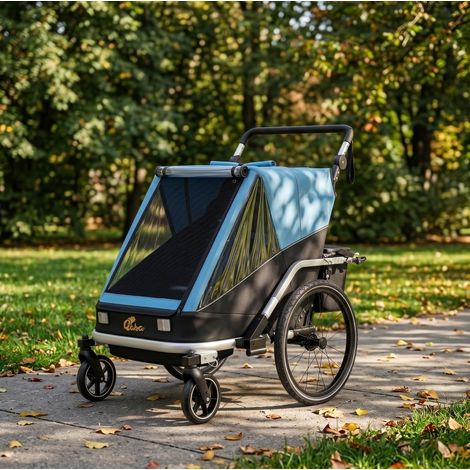 Rimorchio bici per bambini 2 in 1 pieghevole 2 posti in alluminio blu HAVRYA (1/5)
