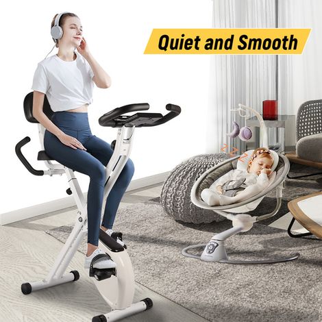 Bigzzia – Vélo d'appartement pliable – Résistance magnétique 8 niveaux – Volant d'inertie 2,5kg – Écran LCD multifonction – Siège réglable – Support tablette (1/5)