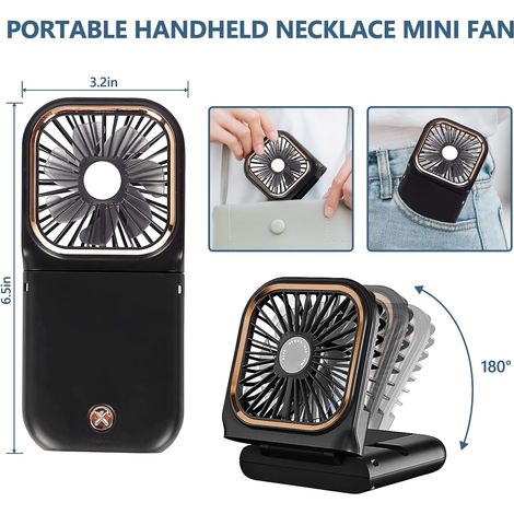 Ventilateur Cou Portable - Personnel - Silencieux pliable rechargeable USB support téléphone - Maison bureau voyage extérieur - Noir (1/4)