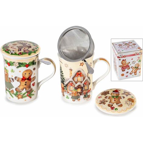 Tasses de Noël en porcelaine décor pain d'épices avec filtre inox et couvercle, lot de 2, tasse : diam. 8 cm x H. 11,5 cm