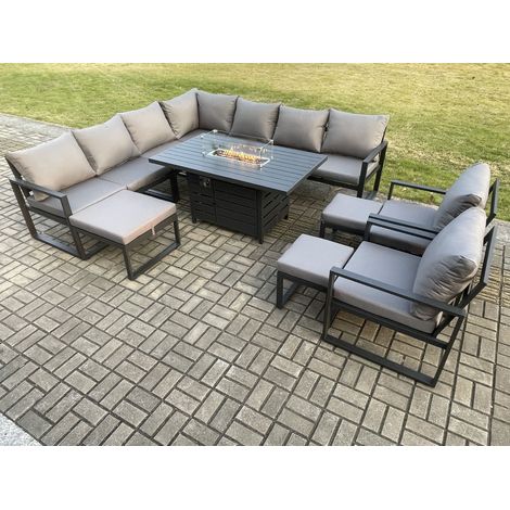 Fimous Aluminium Lounge Corner Sofa Outdoor Garden Furniture Sets Gas Fire Pit Dining Table Set with 2 Chairs 3 Footstools Dark Grey (1/5)