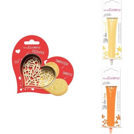 Kit pour biscuit en relief Coeur + 2 Stylos au chocolat jaune pastel et orange (1/3)