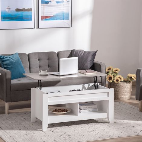 Mesa de Centro Elevable Mesa de Café con Encimera Elevable 2 Compartimentos Abiertos y Espacio Oculto de Almacenaje 105x50x49 cm Blanco y Efecto Mármol (1/5)