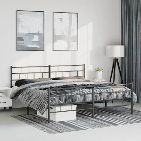 Cadre de lit métal sans matelas avec pied de lit noir 193x203cm (1/5)