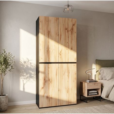 Armario ropero de 4 puertas con barra, 3 cajones y joyero, 90 x 50 x 200 cm, acabado madera clara y detalles negros para dormitorio o recibidor  CHICFURN (1/5)