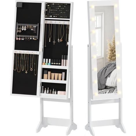 Armoire à bijoux avec miroir LED multi-rangements sur pieds blanc