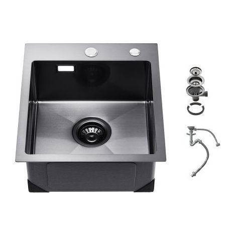 Fregadero de Cocina con Montaje Superior de Acero Inoxidable 304, con Accesorios, Fregaderos de Lavavajillas Domésticos para RV, Cocina de Preparación y Barra(Negro), 400 x 450 x 190 mm (1/5)