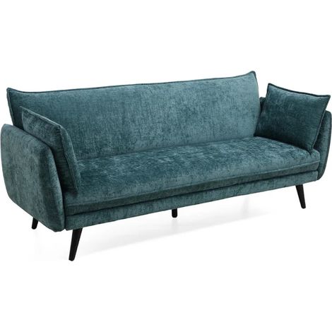 Canapé convertible en tissu doux bleu canard et pieds en bois - HUGUES (1/5)