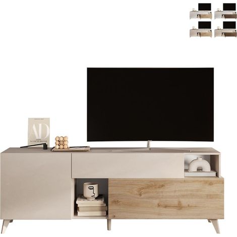 Meuble TV blanc en bois moderne avec tiroir et 2 portes 181x42x67cm Edwin - Chêne - Blanc (1/5)