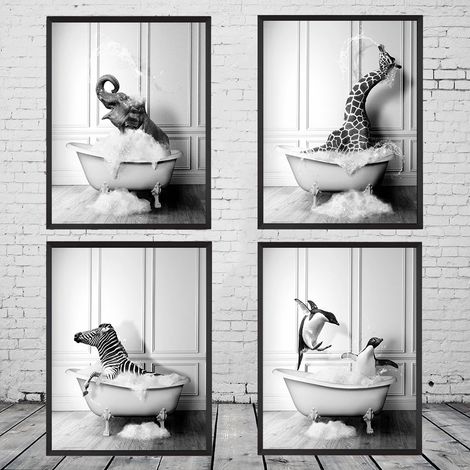 Affiche animale noir et blanc, éléphant, zèbre, pingouin, girafe, décoration murale toile pour salle de bain, dessin de baignoire, décoration intérieure. (1/5)