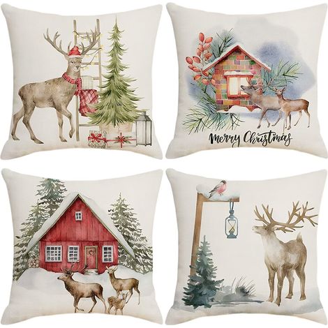 Housse De Coussin - 45x45 Cm - Imprimé Noël Rouge - Fermeture Éclair Invisible - Lot De 4 (1/5)