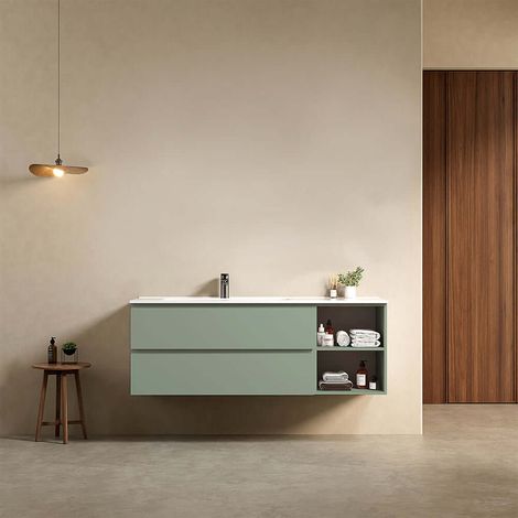 Mobile bagno sospeso 140 cm Verde Salvia Lavabo a Sinistra in Resina Senza Specchio - Fiji Paint Plus (1/4)