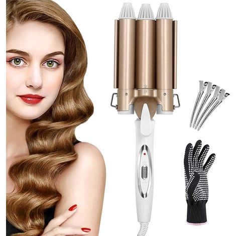 3 baril cheveux bigoudi, 22 mm rapide chauffé en céramique tourmaline cheveux Waver fer à friser bouclage baguette cheveux bouclés outils de coiffure avec des gants et des pinces à cheveux (1/5)