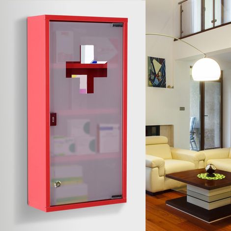 Armoire à pharmacie verrouillable à 4 compartiments, porte vitrée, acier, 60 x 30 x 12 cm, rouge (1/4)