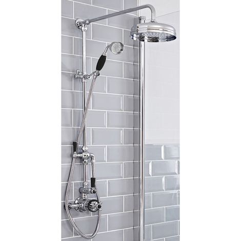 Milano Elizabeth Grand Rigid Riser with 2 Outlet Twin Exposed Thermostatic Mixer Shower Valve  Round Rainfall Shower Head and Hand Shower Handset - Chrome & Black