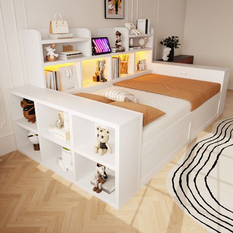 Lit banquette 90 x 200 cm - coffre de rangement hydraulique - éclairage led - prise électrique intégrée - mdf - blanc (1/5)
