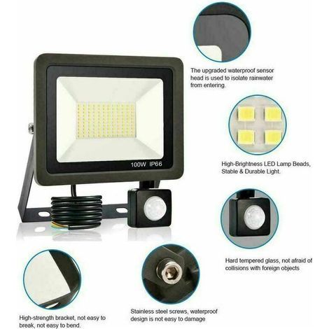 Projecteur Extérieur 100W Avec Détecteur De Mouvement IP65 Étanche 60000LM Blanc Froid pour Jardin Garage et Terrain de Sport (1/4)