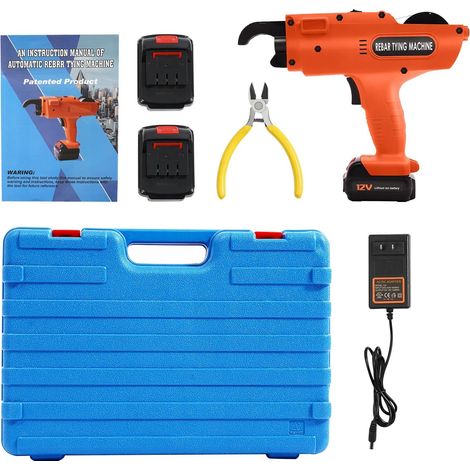 HAUTOUR Machine à lier les barres d'armature électrique 12V, Machine à lier les barres d'armature avec boîte de rangement 2 batteries lithium-ion Longueur du fil de nœud 300-500mm (Orange) (1/5)