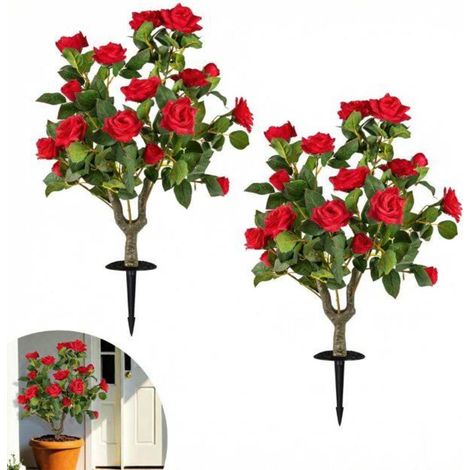Lot de 2 rosiers artificiels 80 cm, fleurs rouges réalistes, anti-décoloration, déco intérieure et extérieure (1/2)