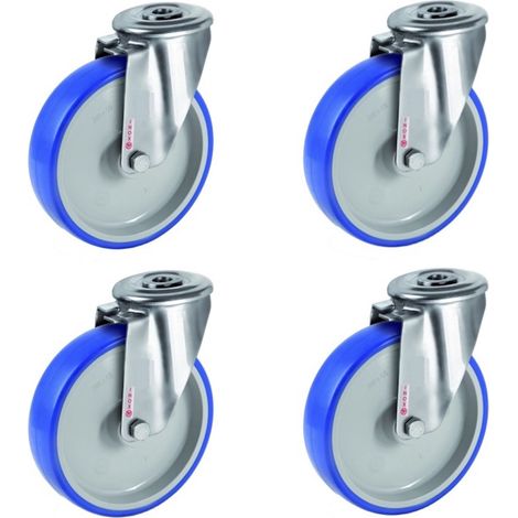 Lot de 4 roulettes à oeil INOX pivotantes polyuréthane BLEU-SOFT® 80 mm - 225 Kg (1/2)