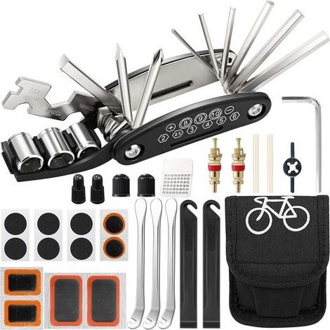 Kit Reparation Velo, 16 en 1 Kit Crevaison Velo, Trousse Multifonction Outils Pneu, Kit Velo Convient pour Une Utilisation Situations d'urgence Lors de Voyages Longue Distance (1/5)