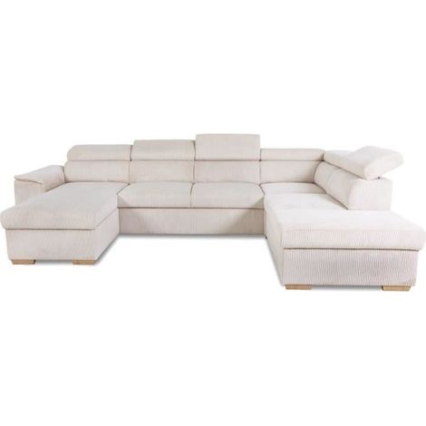 Canapé d'angle convertible panoramique 5 a 6 places DAYTONA - Velours côtelé beige - Avec coffre - L 326 x H 94 x P 216 cm (1/5)