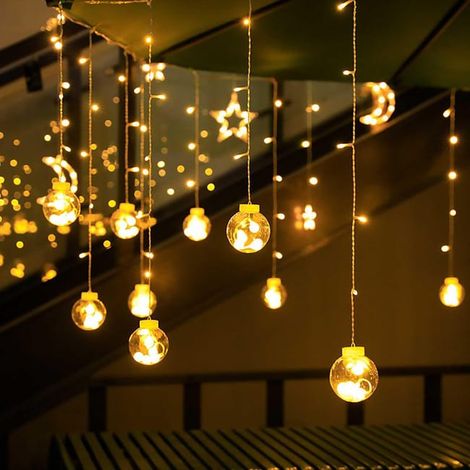 Luci a LED per tende natalizie da 350 cm: luci a stella impermeabili per esterni alimentate tramite USB e batteria, bianco caldo (1/4)