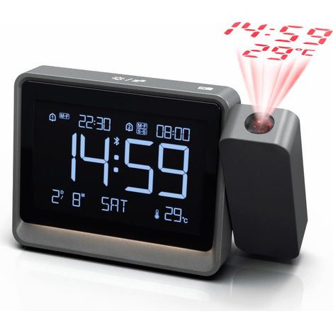 Horloge de Projection Numérique Chambre - Projecteur Rotatif 180° Bluetooth, Double Alarme, Date, Température, Variateur 4 Niveaux, Snooze (1/5)
