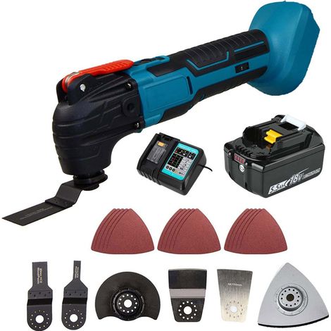 Outil multifonction oscillant sur batterie, outil multifonction sans balais 18V 6 vitesses différentes, 22 ensembles d'accessoires (batterie 1x5500mah et chargeur) compatibles avec les batteries Makit