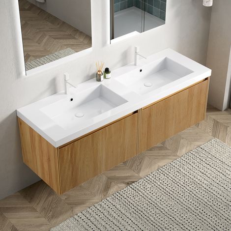 Mobile lavabo bagno con lavabo integrato in resina, cassetti con frontali in legno, effetto rovere e bianco (1/5)