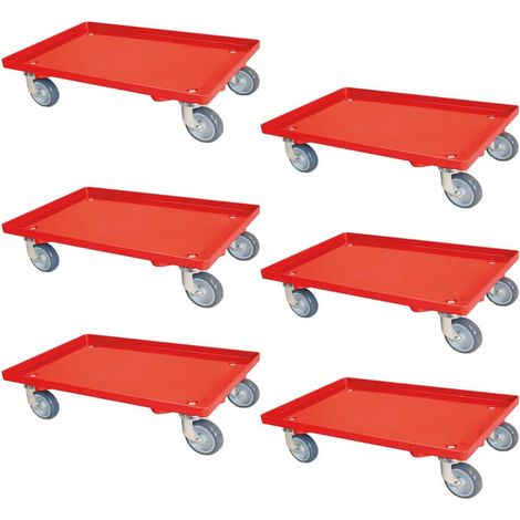 BRB Lot de 6 roulettes logistiques avec plateau et 4 roulettes pivotantes, roues en caoutchouc gris, poids 250 kg, rouge