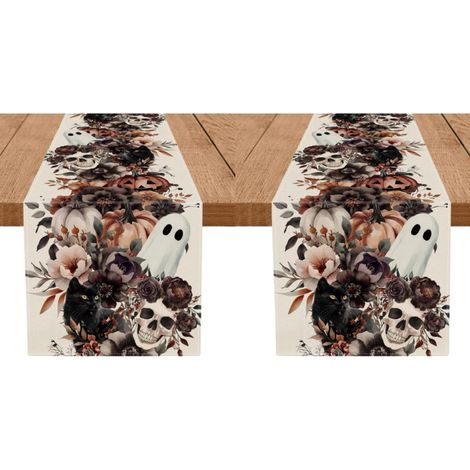 Camino de mesa de poliéster para Halloween, decorado con motivos de fantasmas, calaveras y flores, apto para su uso en 33 x 183 cm (2 piezas). (1/4)