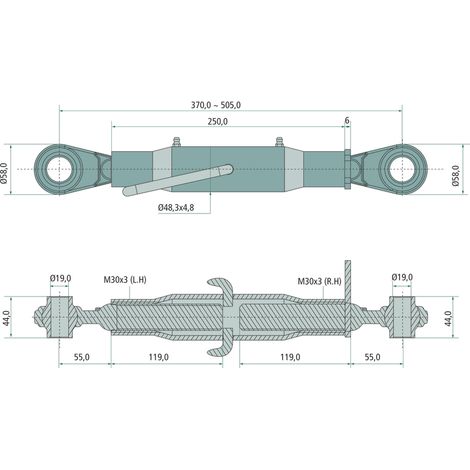 Collegamento centrale superiore 370-505 mm M30x3 Cat. 1-1 2 x Giunto sferico
