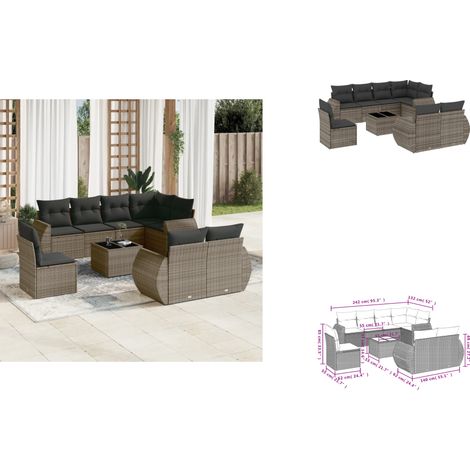 9-tlg. Garten-Sofagarnitur mit Kissen Grau Poly Rattan - Gartenmöbel Set - PE-Rattan Möbel - Outdoor Lounge - Esstisch - Gartenstuhl (1/3)