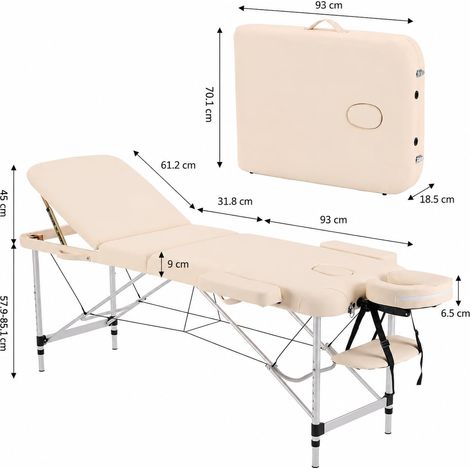 Table de Massage Pliante 3 Zones Blanche, Structure Aluminium, Matelas 9 cm, Hauteur Réglable, Table pour Massage, Spa et Tatouage 186 x 60 cm (1/5)