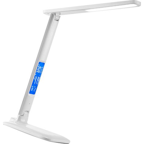 10W LED-Schreibtischlampe mit kabelloser Ladefunktion, Augenschutz, Leselicht, Kalender, Temperaturanzeige und Wecker (Weiß) (1/5)