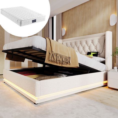 Polsterbett 140x200 cm beige aus Baumwolle mit hydraulischem Stauraum, USB-C und 3-seitiger LED-Beleuchtung (1/5)