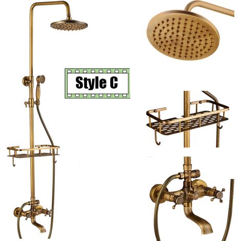 Ensemble de douche antique en laiton – Colonne de douche avec étagère, mitigeur eau chaude/froide, douchette à main et pommeau pluie 8 pouces