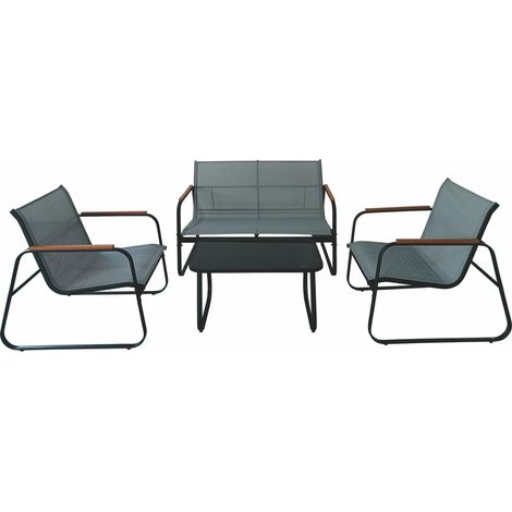 Ensemble de Jardin 4 Places en Acier au Carbone, Table Basse avec Dessus en Verre, Noir (1/3)