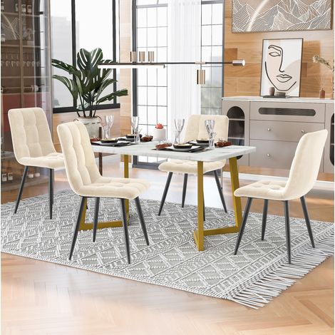 Conjunto de mesa de comedor con 4 sillas, rectangular, 117 cm, MDF, beige, efecto mármol HAVRYA (1/5)
