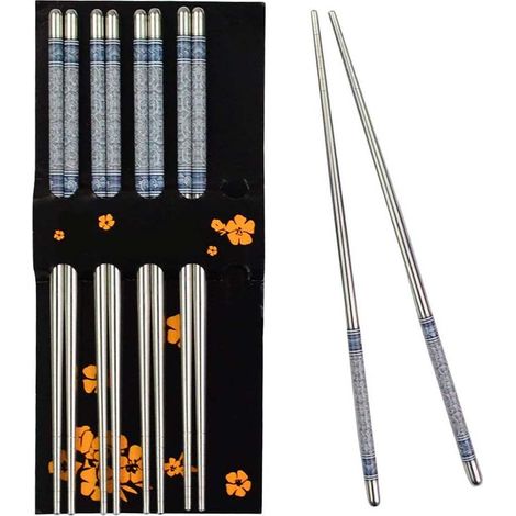 Juego de 5 pares de palillos antideslizantes de acero inoxidable con un diseño de porcelana azul y blanca. (1/4)