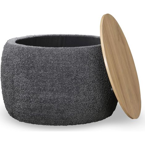 YUNIA Pouf rond coffre effet peau de mouton gris foncé (1/3)