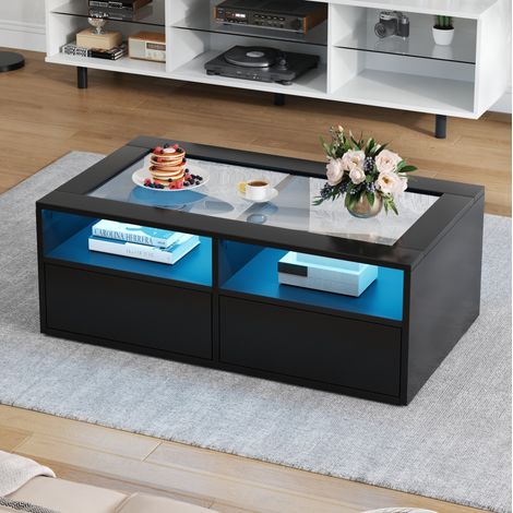 Mesa de centro 100x50x35 cm negra de vidrio y tablero de partículas con LED, 2 cajones y almacenaje abierto (1/5)