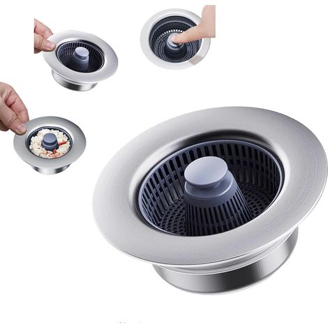 Filtre d'évier de cuisine et bouchon de vidange pop-up 3 en 1 en acier inoxydable avec panier anti-obstruction, bouchon de vidange pop-up universel, drainage, réservoir d'eau et filtration