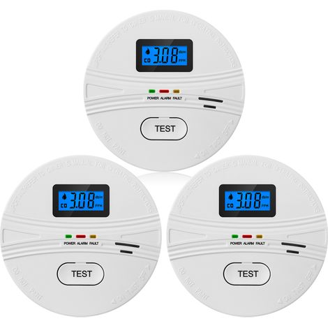 Detector de humo y monóxido de carbono 2 en 1, paquete de 3 unidades, funciona con pilas, botón de prueba, alerta sonora, pantalla digital LCD.