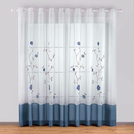 Rideaux à œillets, voilages brodés de fleurs, pour chambre, cuisine et salon, 140 cm x 245 cm, bleu (1/5)