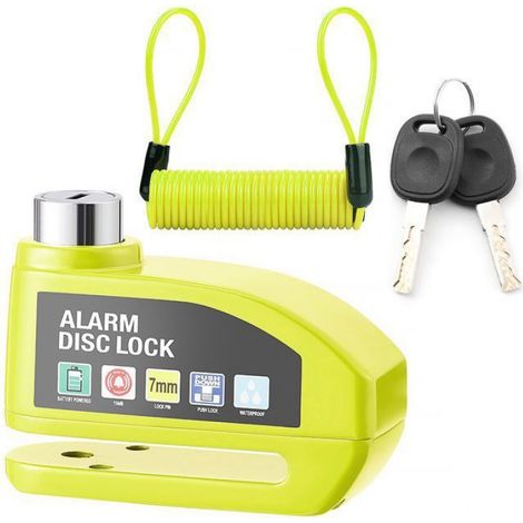 Antivol de frein à disque avec alarme antivol, pour vélos, trottinette électrique, motos, etc., Jaune (Corde de sécurité Étiquette (1/4)